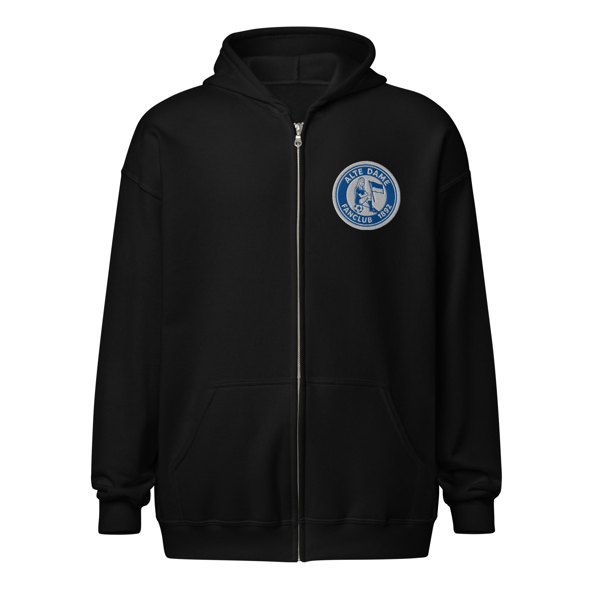 Unisex Heavy-Blend Zip Hoodie mit Fanclub Alte Dame 1892 Logo, schwarzer Sportswear Iron Monkey 23 Hoodie, vorne sichtbar