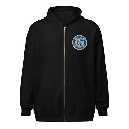 Unisex Heavy-Blend Zip Hoodie mit Fanclub Alte Dame 1892 Logo, schwarzer Sportswear Iron Monkey 23 Hoodie, vorne sichtbar