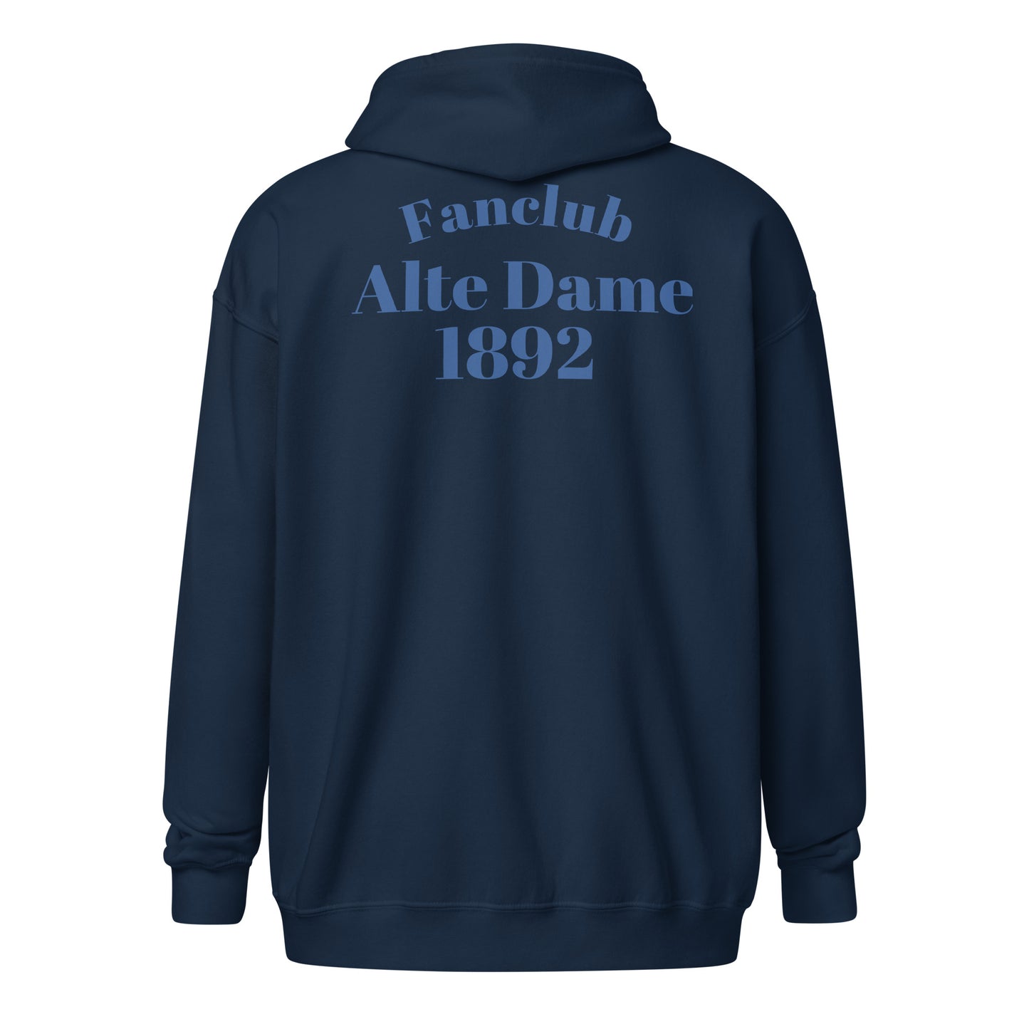 Unisex Heavy-Blend Zip Hoodie in Marineblau mit Fanclub Alte Dame 1892 Logo, Sportswear Iron Monkey 23, auf Rücken sichtbar.