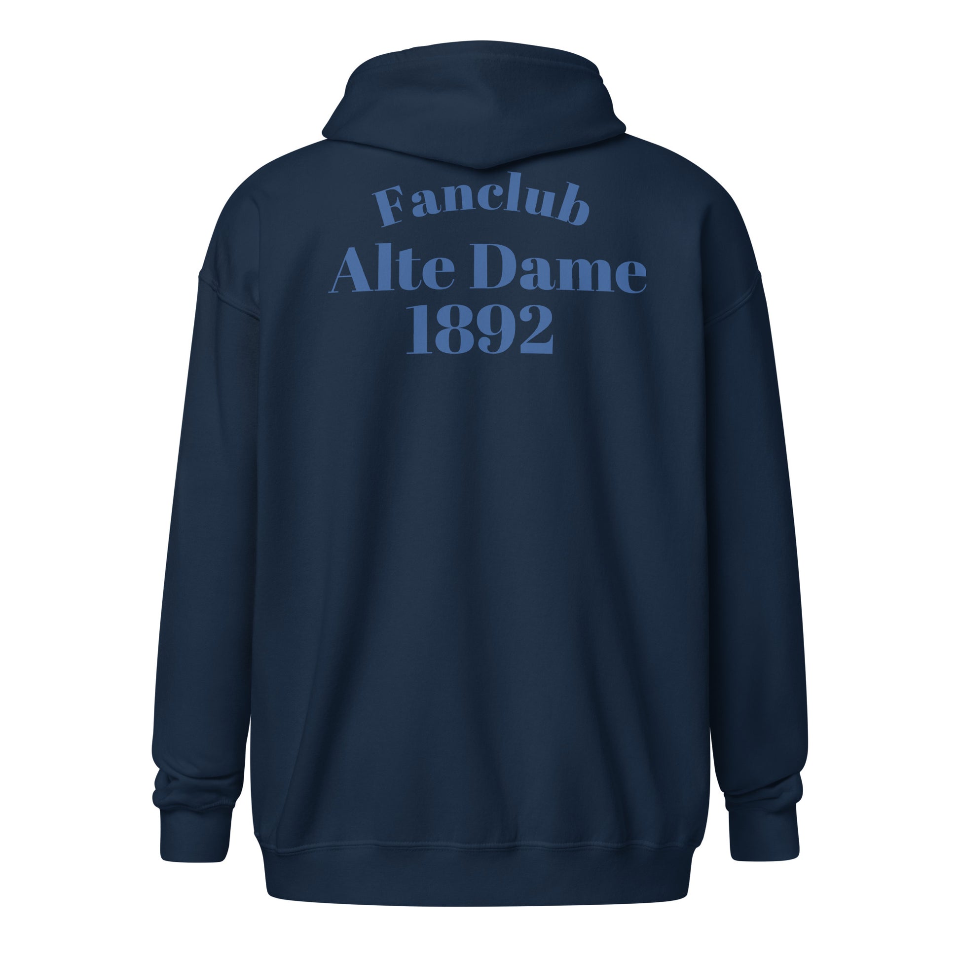 Unisex Heavy-Blend Zip Hoodie in Marineblau mit Fanclub Alte Dame 1892 Logo, Sportswear Iron Monkey 23, auf Rücken sichtbar.