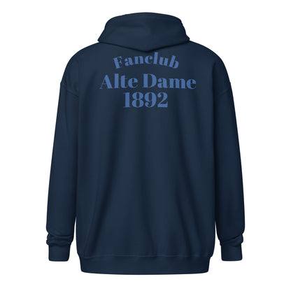 Unisex Heavy-Blend Zip Hoodie in Marineblau mit Fanclub Alte Dame 1892 Logo, Sportswear Iron Monkey 23, auf Rücken sichtbar.