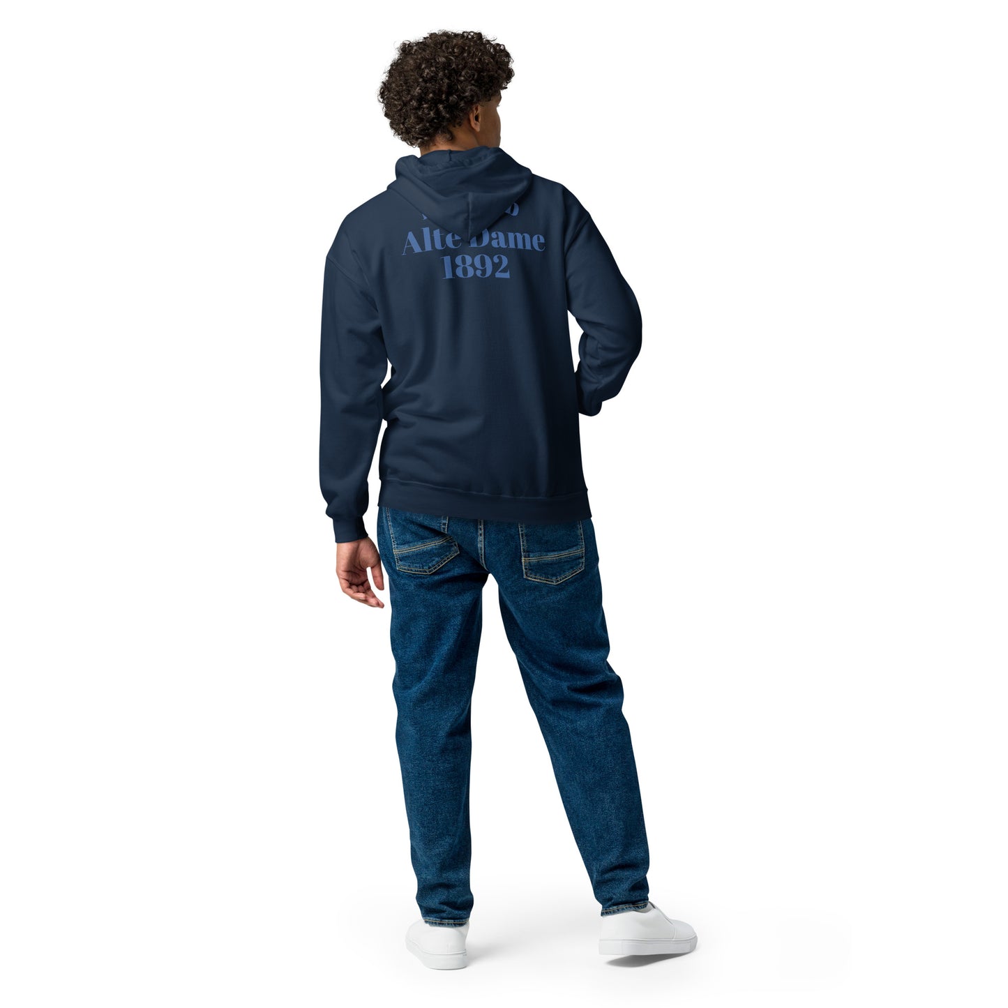 Unisex Heavy-Blend Zip Hoodie in Navy von Sportswear Iron Monkey 23 mit Fanclub Alte Dame 1892 Aufdruck, Rückenansicht.
