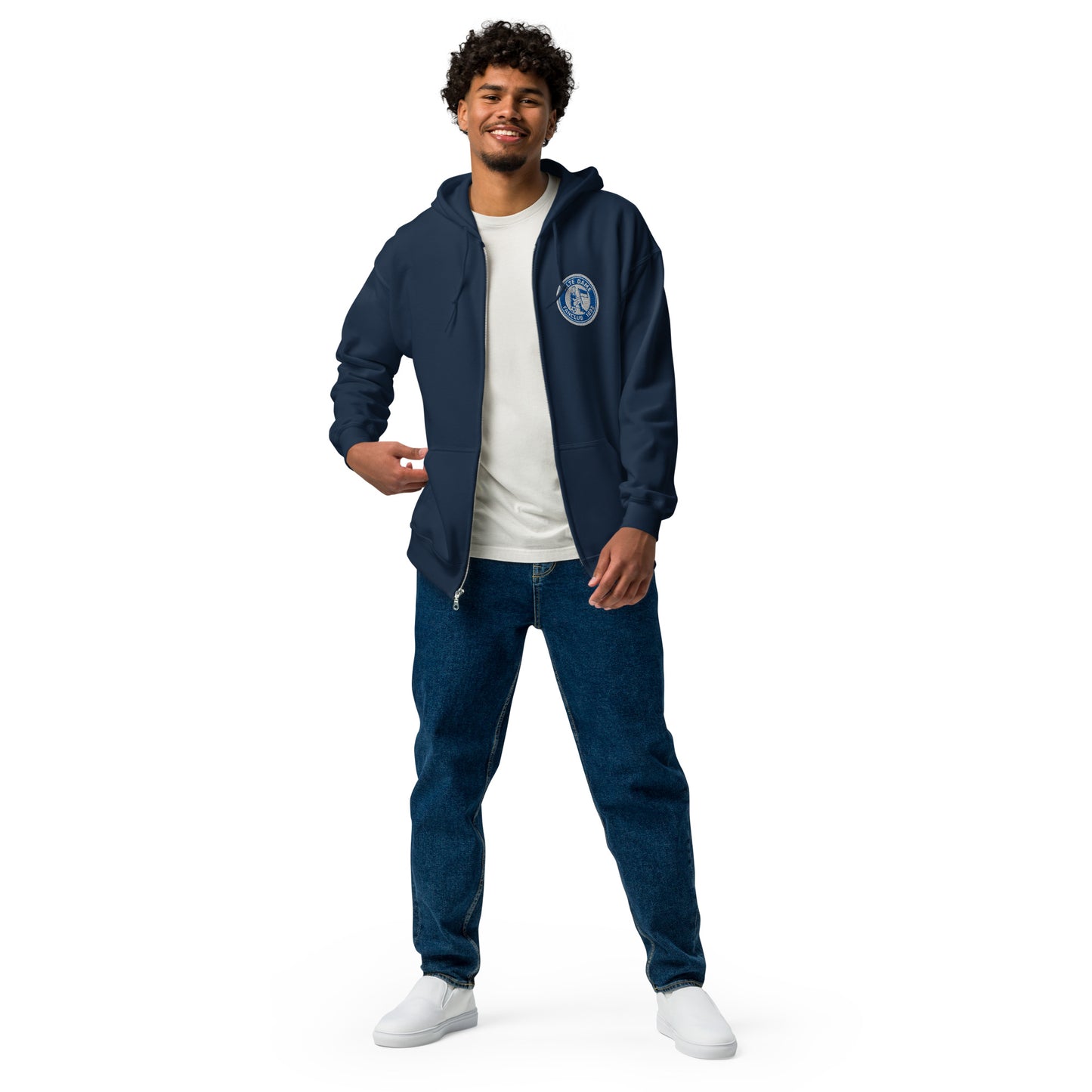 Unisex Heavy-Blend Zip Hoodie in Navy von Sportswear Iron Monkey 23 mit Fanclub Alte Dame 1892 Design, vorne sichtbar
