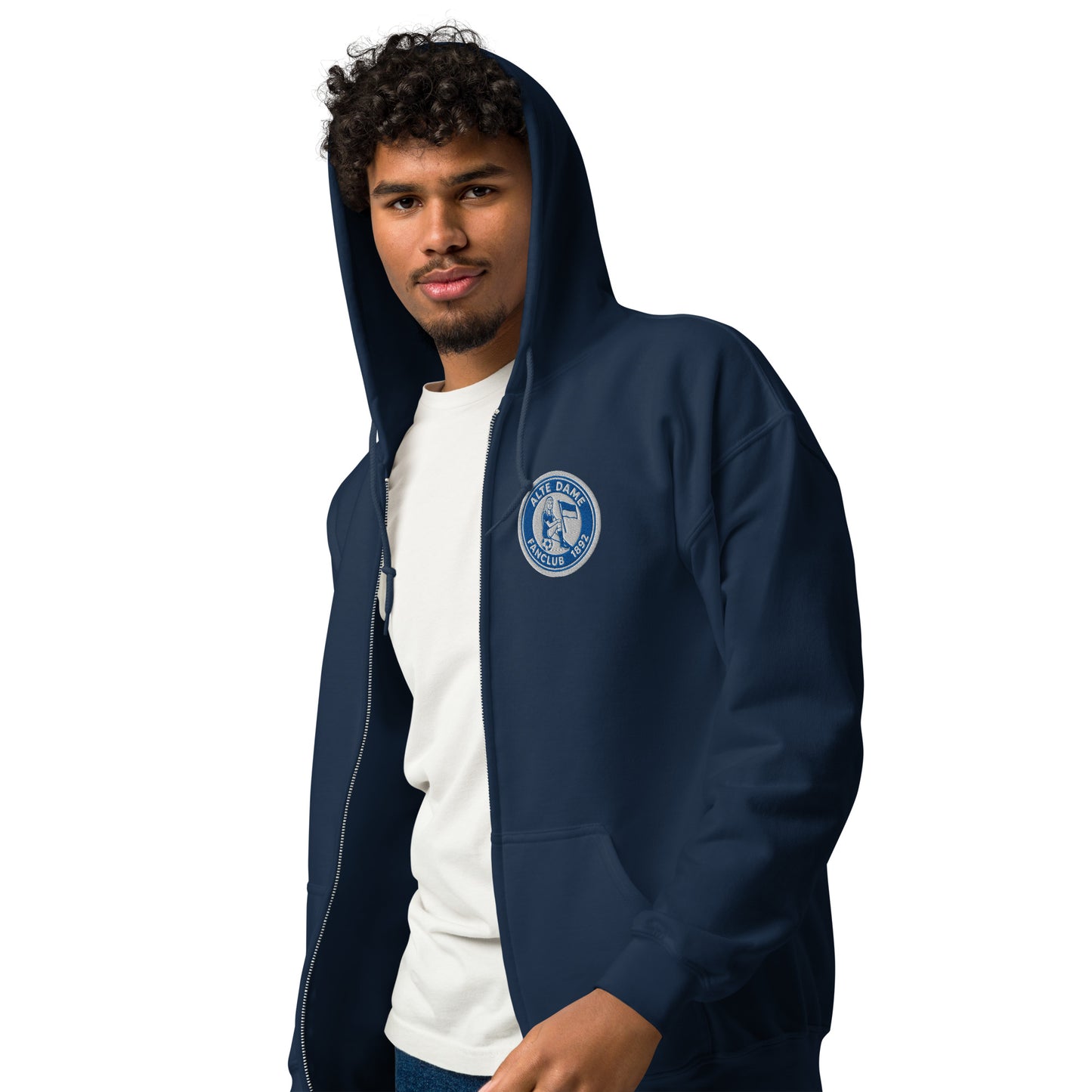 Unisex Heavy-Blend Zip Hoodie in Navy mit Fanclub Alte Dame 1892 Logo, Sportswear Iron Monkey 23, vorne links sichtbar
