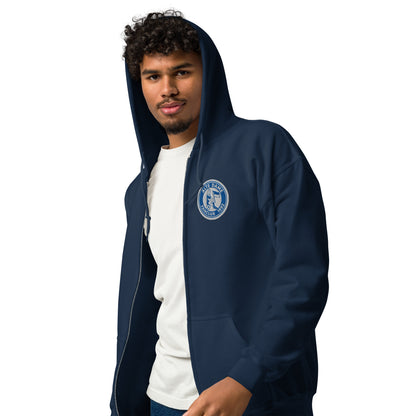 Unisex Heavy-Blend Zip Hoodie in Navy mit Fanclub Alte Dame 1892 Logo, Sportswear Iron Monkey 23, vorne links sichtbar