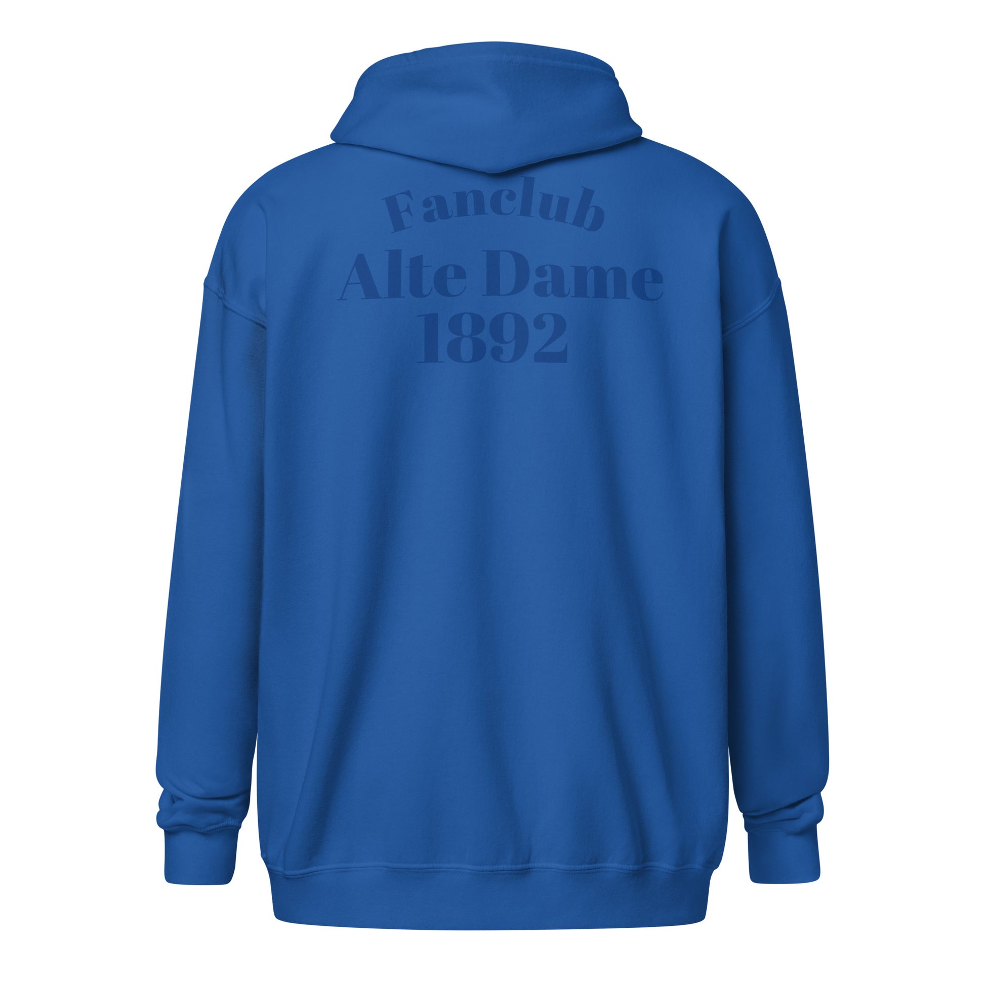 Unisex Heavy-Blend Zip Hoodie mit Fanclub Alte Dame 1892 Logo, sportswear Iron Monkey 23, royalblau, Rückenansicht