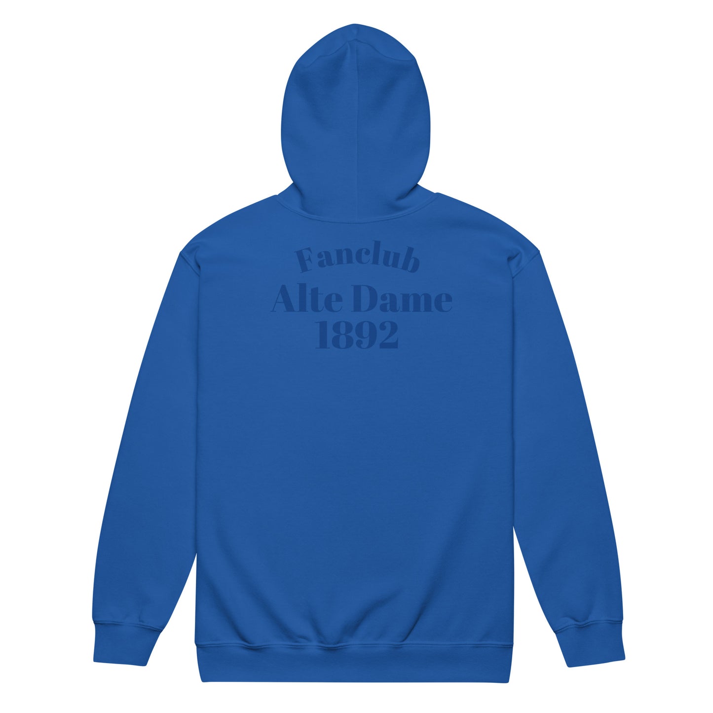 Unisex Heavy-Blend Zip Hoodie von Sportswear Iron Monkey 23 mit Fanclub Alte Dame 1892 Aufdruck, royalblau, Rückenansicht