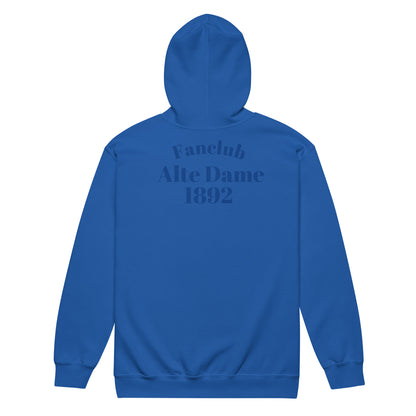 Unisex Heavy-Blend Zip Hoodie von Sportswear Iron Monkey 23 mit Fanclub Alte Dame 1892 Aufdruck, royalblau, Rückenansicht