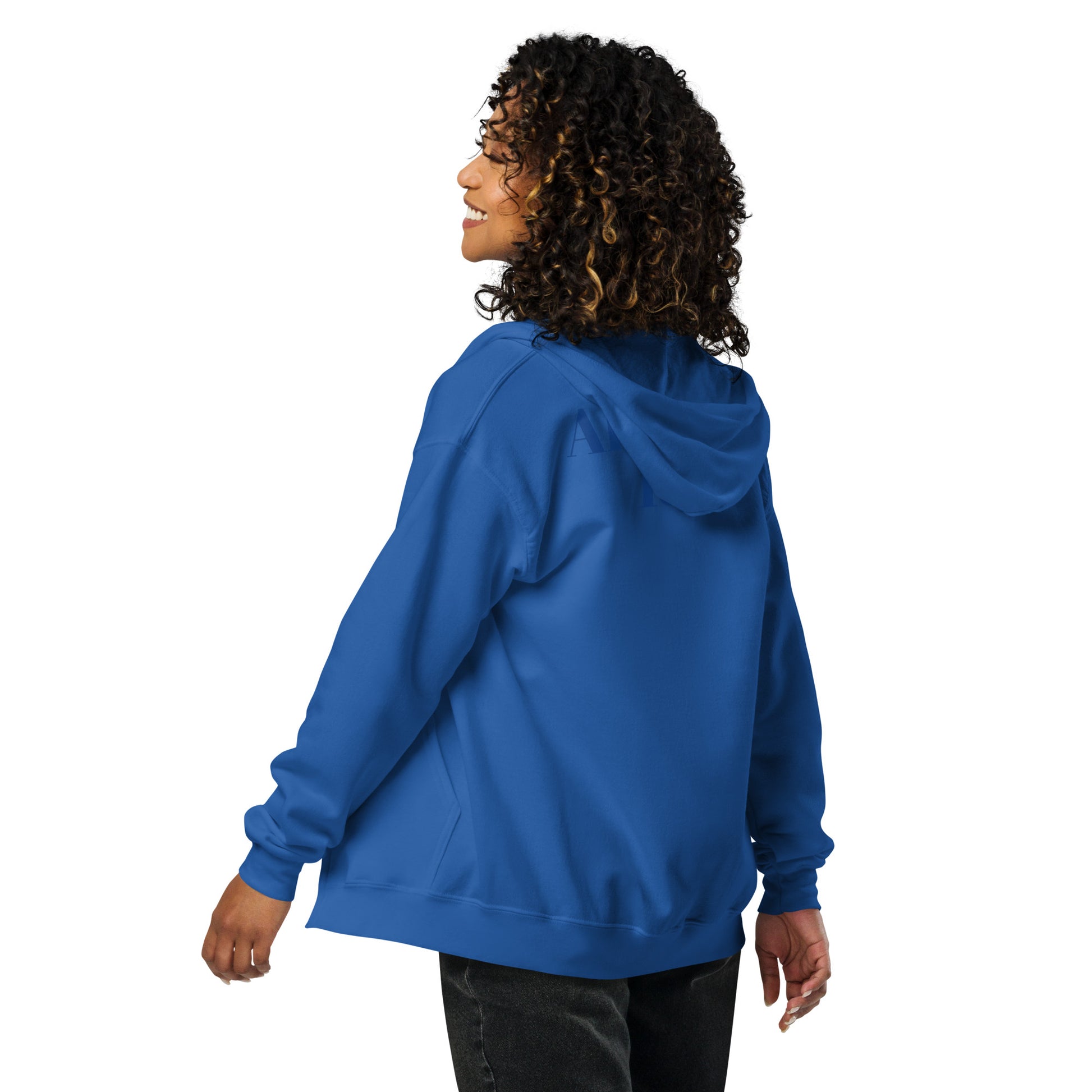Unisex Heavy-Blend Zip Hoodie von Sportswear Iron Monkey 23 mit Fanclub Alte Dame 1892 Logo, royalblau, Rückenansicht