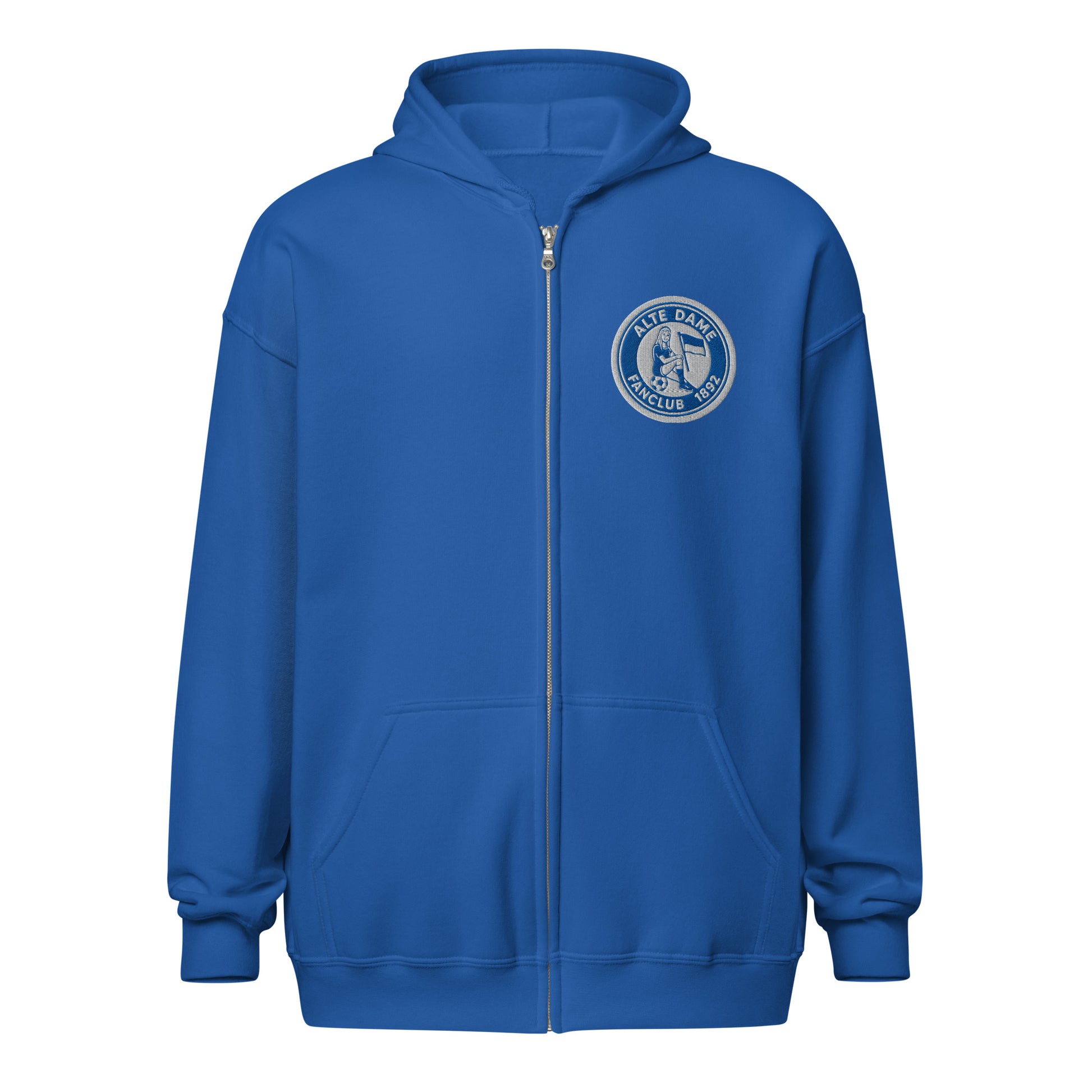 Unisex Heavy-Blend Zip Hoodie von Iron Monkey 23 mit Fanclub Alte Dame 1892 auf der Vorderseite, royalblau, bequemer Hoodie