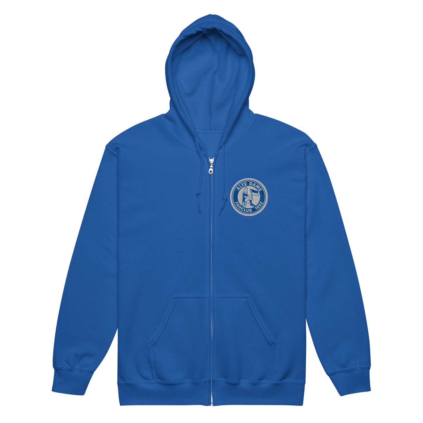 Unisex Heavy-Blend Zip Hoodie von Sportswear Iron Monkey 23 mit Fanclub Alte Dame 1892 Logo, royalblau, vorne sichtbar