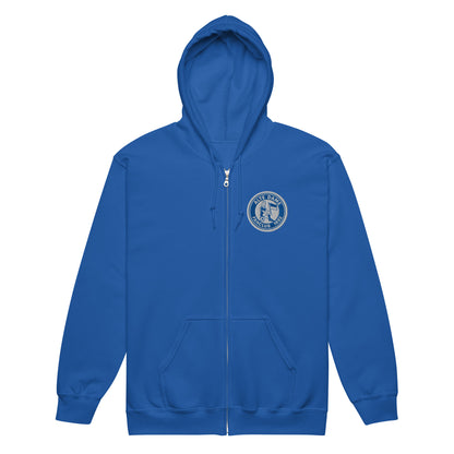 Unisex Heavy-Blend Zip Hoodie von Sportswear Iron Monkey 23 mit Fanclub Alte Dame 1892 Logo, royalblau, vorne sichtbar