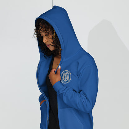 Unisex Heavy-Blend Zip Hoodie mit Fanclub-Logo der Alten Dame 1892, Sportswear Iron Monkey 23, in royalblau, vorne sichtbar