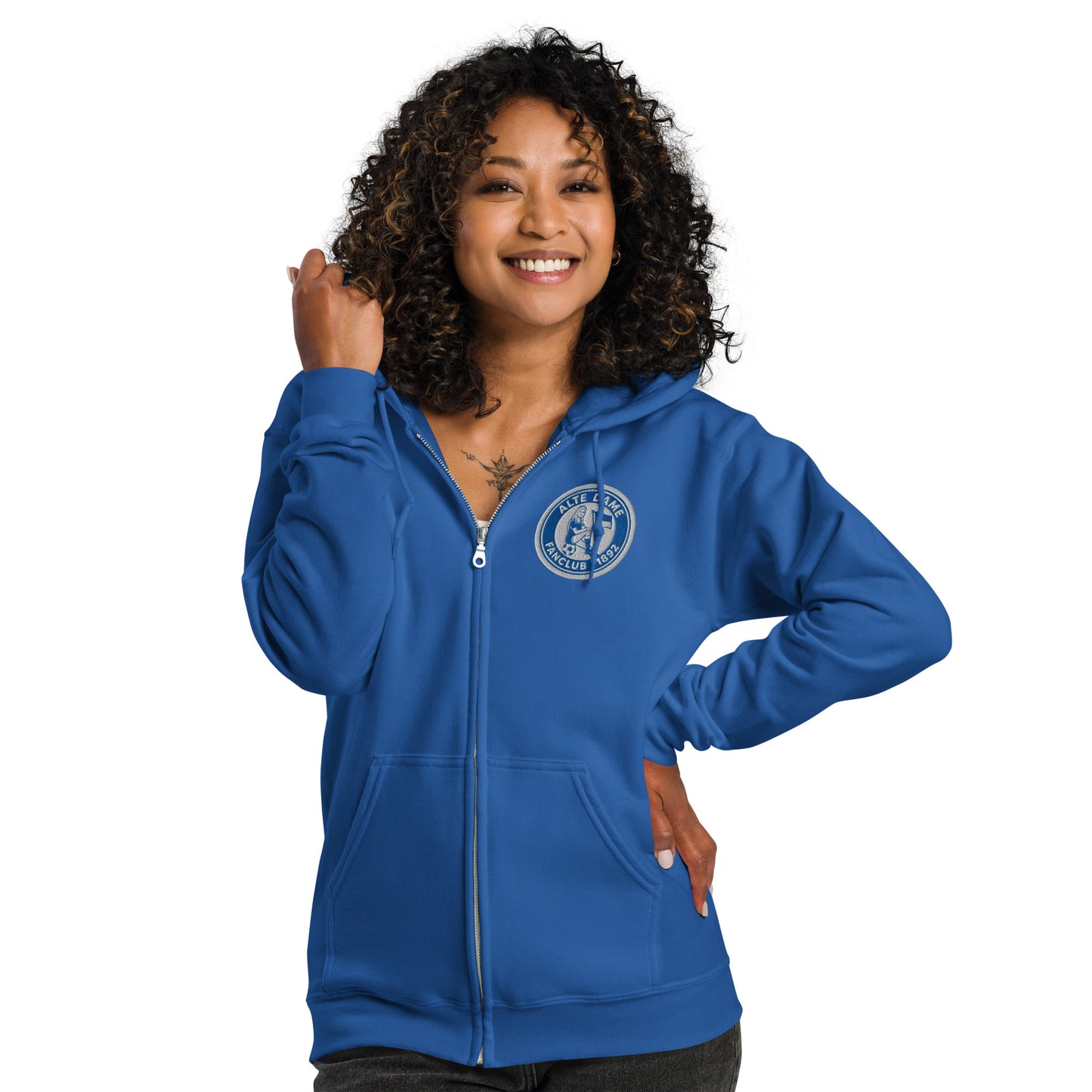 Unisex Heavy-Blend Zip Hoodie von Sportswear Iron Monkey 23 mit Fanclub Alte Dame 1892 Logo, royalblau, vorneansicht
