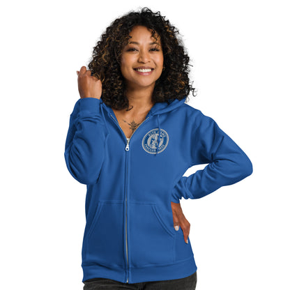 Unisex Heavy-Blend Zip Hoodie von Sportswear Iron Monkey 23 mit Fanclub Alte Dame 1892 Logo, royalblau, vorneansicht