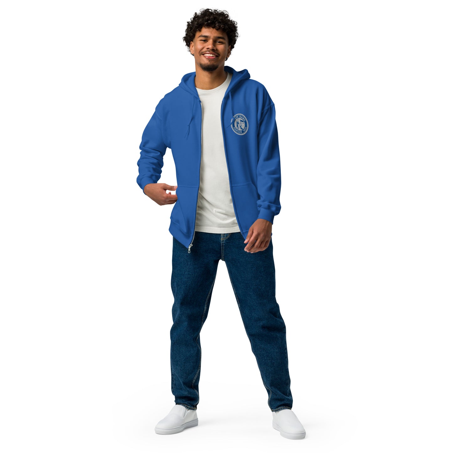Unisex Heavy-Blend Zip Hoodie von Sportswear Iron Monkey 23 mit Fanclub Alte Dame 1892 Logo, royalblau, vorne sichtbar.