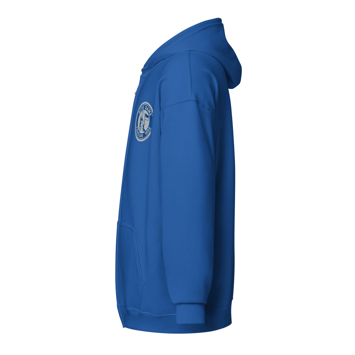 Unisex Heavy-Blend Zip Hoodie von Sportswear Iron Monkey 23 mit Fanclub Alte Dame 1892 Grafik, royalblau, vorne links.