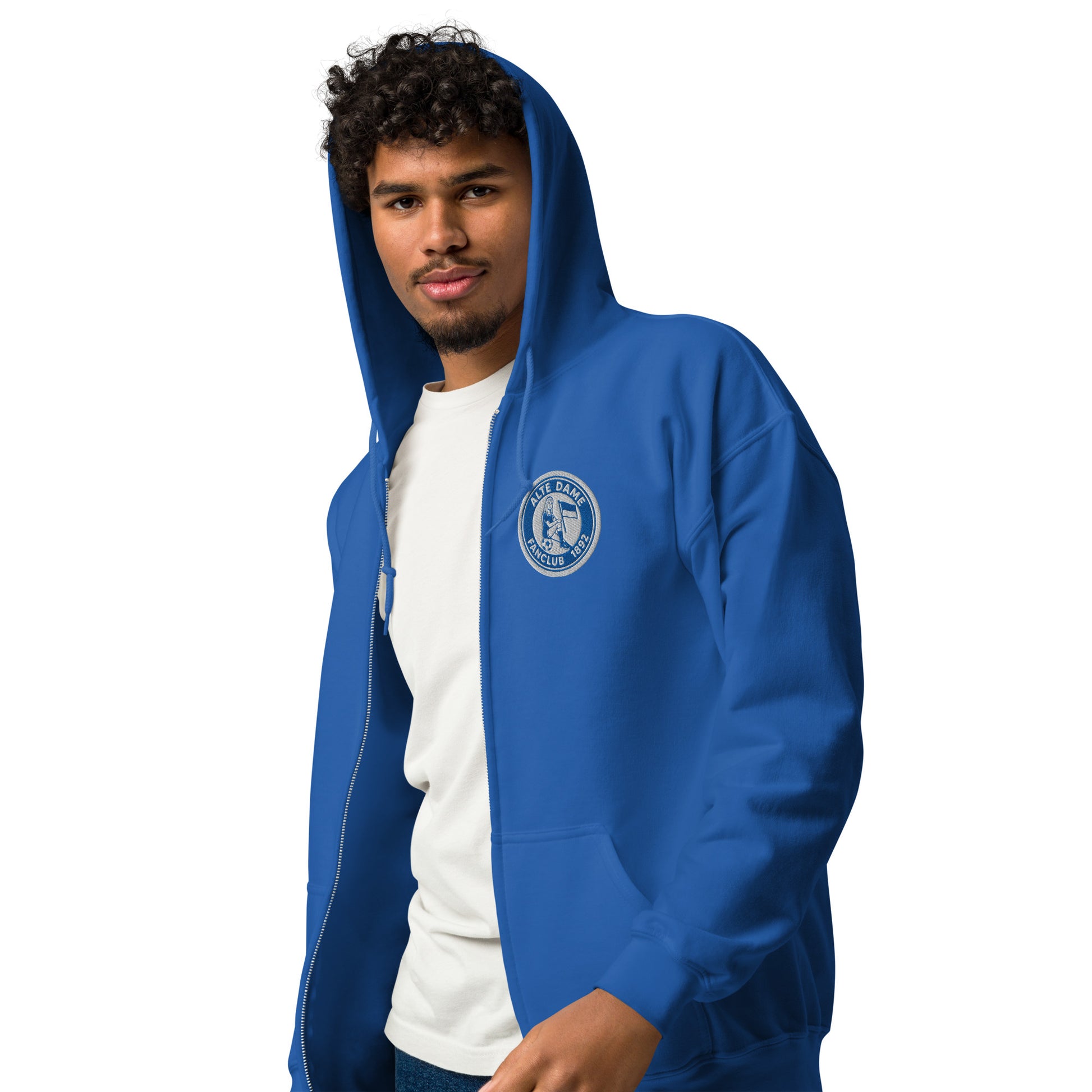 Unisex Heavy-Blend Zip Hoodie von Sportswear Iron Monkey 23 mit Fanclub Alte Dame 1892 Logo, royalblau, linke Vorderseite.