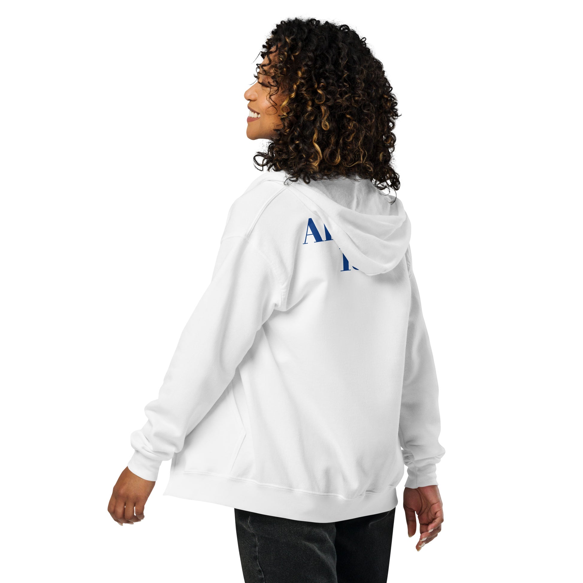 Unisex Heavy-Blend Zip Hoodie in Weiß mit Fanclub Alte Dame 1892 Schriftzug, Sportswear Iron Monkey 23, Rückenansicht