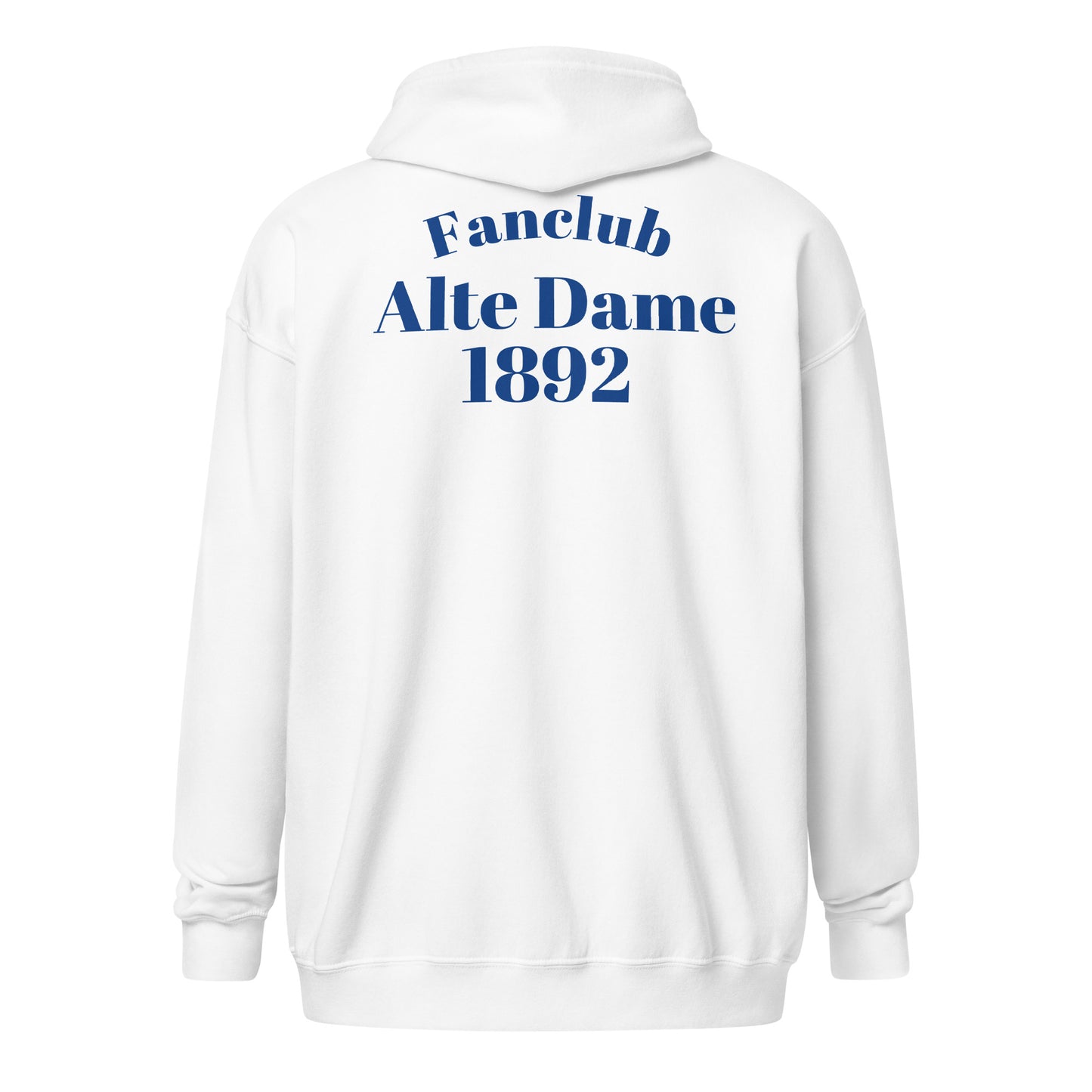 Unisex Heavy-Blend Zip Hoodie in Weiß mit Fanclub Alte Dame 1892 Logo, Sportswear Iron Monkey 23, Rückenansicht