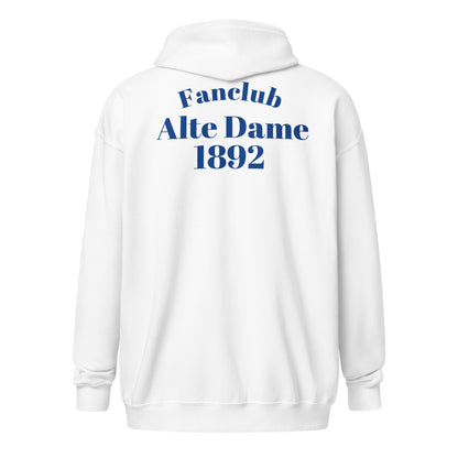 Unisex Heavy-Blend Zip Hoodie in Weiß mit Fanclub Alte Dame 1892 Logo, Sportswear Iron Monkey 23, Rückenansicht