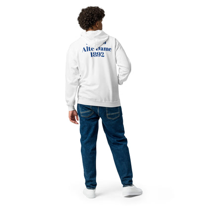 Unisex Heavy-Blend Zip Hoodie von Sportswear Iron Monkey 23 mit Fanclub Alte Dame 1892 Logo, weiße Rückseite, bequeme Kapuzenjacke