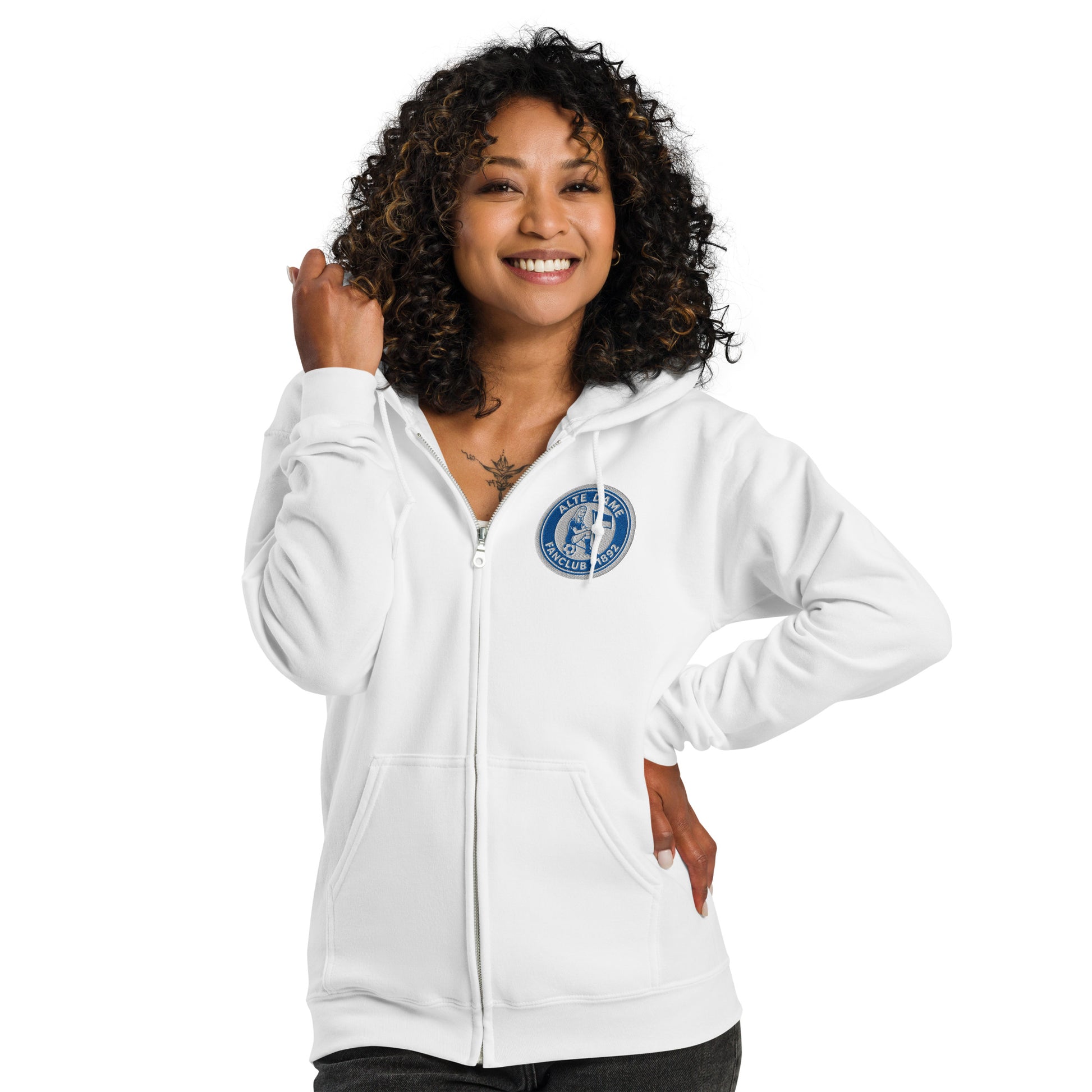 Unisex Heavy-Blend Zip Hoodie mit Fanclub Alte Dame 1892 Logo, weiß, von Sportswear Iron Monkey 23, vorne sichtbar