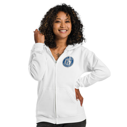 Unisex Heavy-Blend Zip Hoodie mit Fanclub Alte Dame 1892 Logo, weiß, von Sportswear Iron Monkey 23, vorne sichtbar