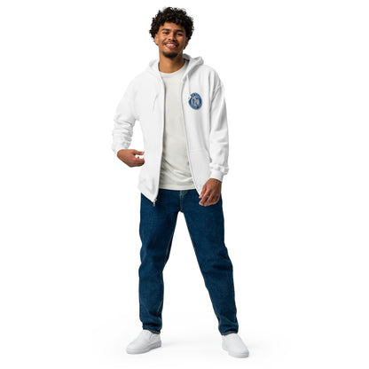 Unisex Heavy-Blend Zip Hoodie von Iron Monkey 23 mit Fanclub Alte Dame 1892-Logo, weißer Front, bequeme Kapuzenjacke