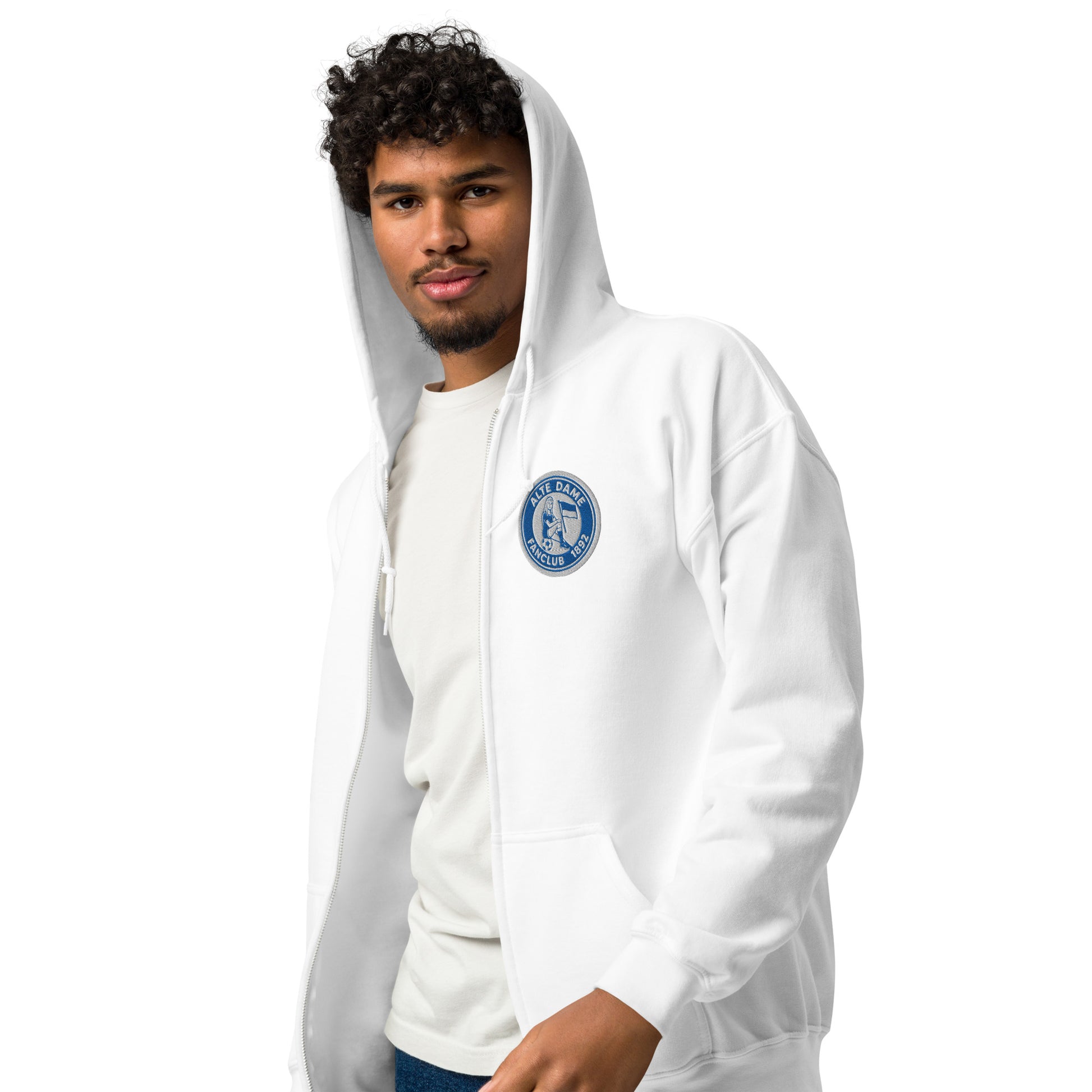Unisex Heavy-Blend Zip Hoodie in Weiß mit Fanclub-Logo "Alte Dame 1892" von Sportswear Iron Monkey 23, links vorne.