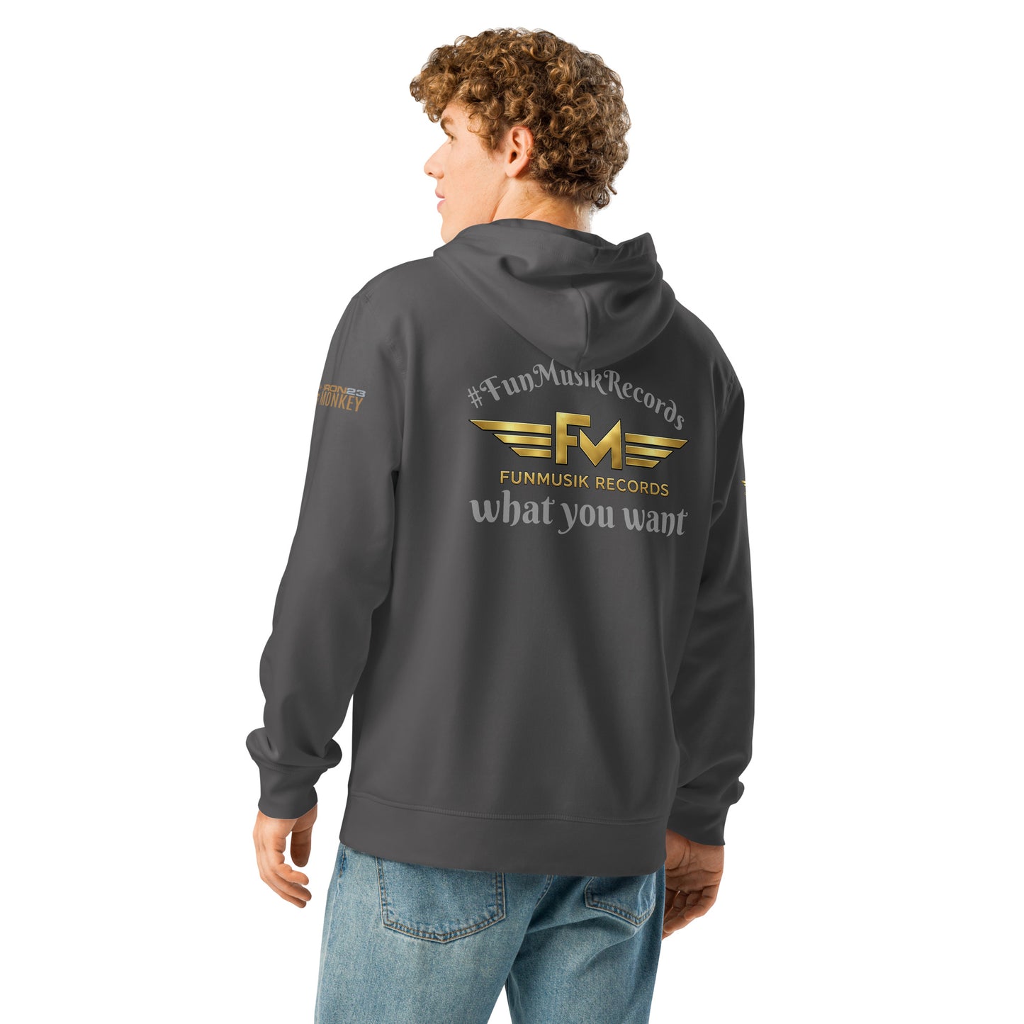 Unisex Bio-Hoodie von Sportswear Iron Monkey 23, nachhaltiger Midweight Hoodie in Anthrazit, Rückenansicht mit Drum-Motiv