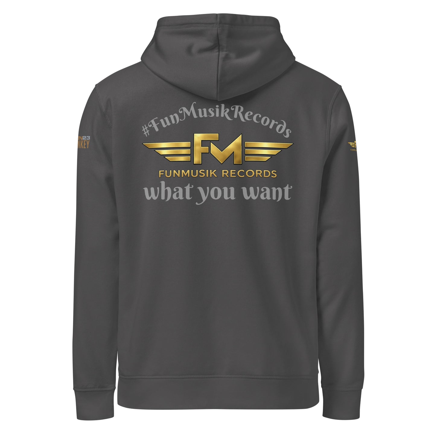 Unisex Bio-Hoodie von Sportswear Iron Monkey 23, nachhaltiger Midweight Hoodie in Anthrazit, Rückenansicht mit Drum-Design.