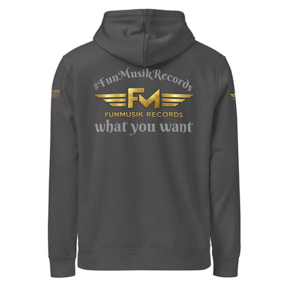 Unisex Bio-Hoodie von Sportswear Iron Monkey 23, nachhaltiger Midweight Hoodie in Anthrazit, Rückenansicht mit Drum-Design.