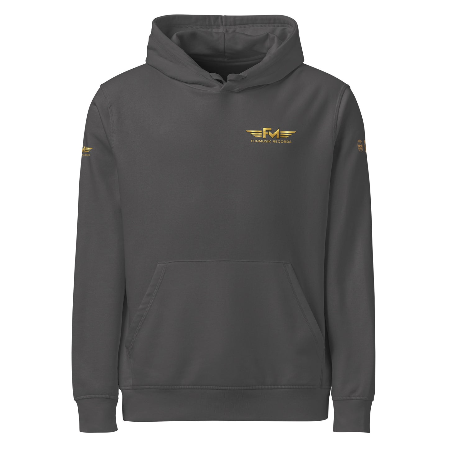 Unisex Bio-Hoodie von Sportswear Iron Monkey 23, nachhaltiger Midweight Hoodie in Anthrazit mit Drommer-Design vorne.