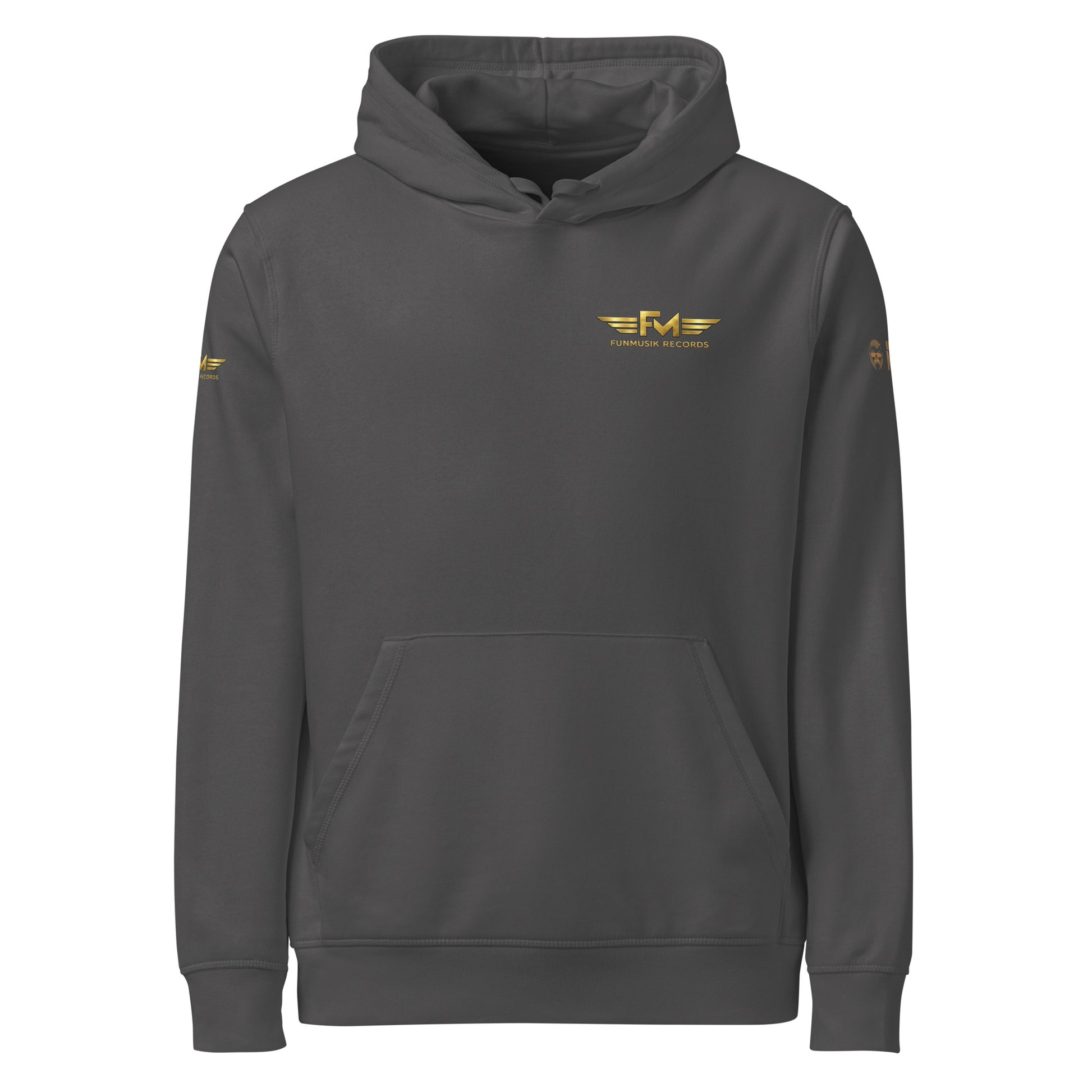 Unisex Bio-Hoodie von Sportswear Iron Monkey 23, nachhaltiger Midweight Hoodie in Anthrazit mit Drommer-Design vorne.