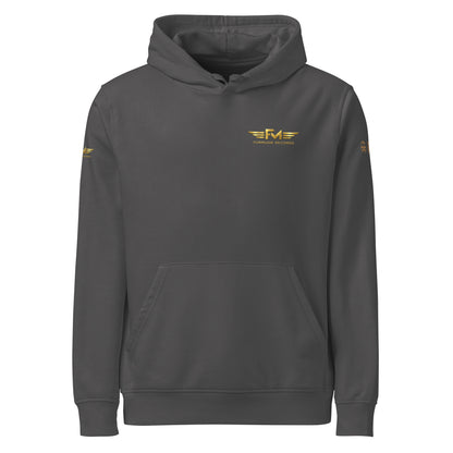 Unisex Bio-Hoodie von Sportswear Iron Monkey 23, nachhaltiger Midweight Hoodie in Anthrazit mit Drommer-Design vorne.