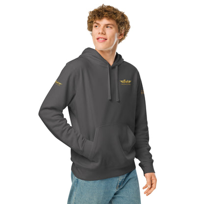 Unisex Bio-Hoodie von Sportswear Iron Monkey 23, nachhaltiger Midweight Hoodie in Anthrazit, mit Drumsmotiv, rechte Vorderseite.