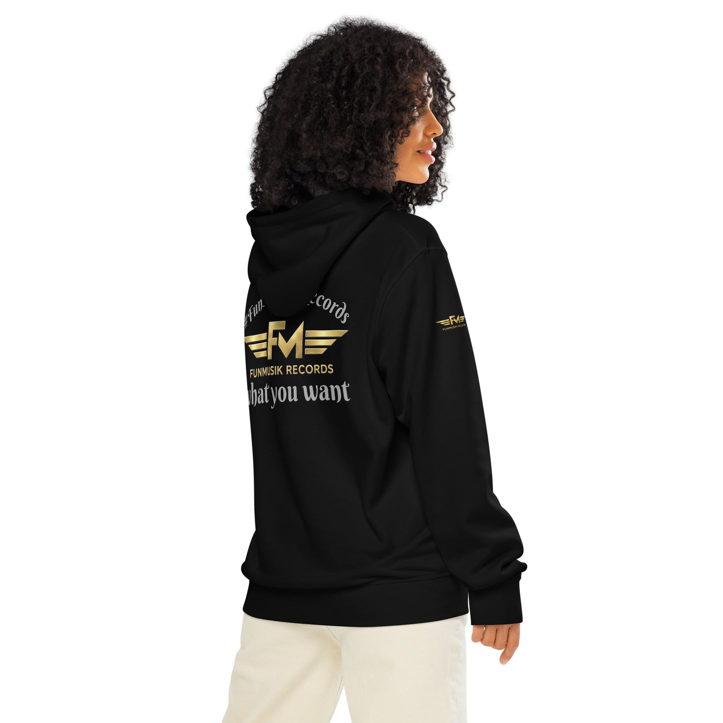 Unisex Bio-Hoodie von Sportswear Iron Monkey 23 in Schwarz, nachhaltiger Midweight Hoodie mit Drumermotiv auf Rückseite.