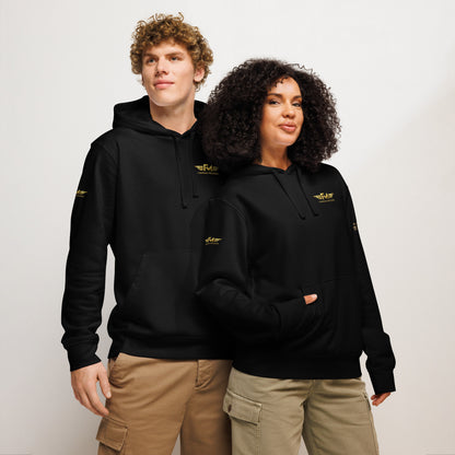 Unisex Bio-Hoodie von Sportswear Iron Monkey 23 in Schwarz, nachhaltiger Midweight Hoodie mit Drum-Motiv vorne.