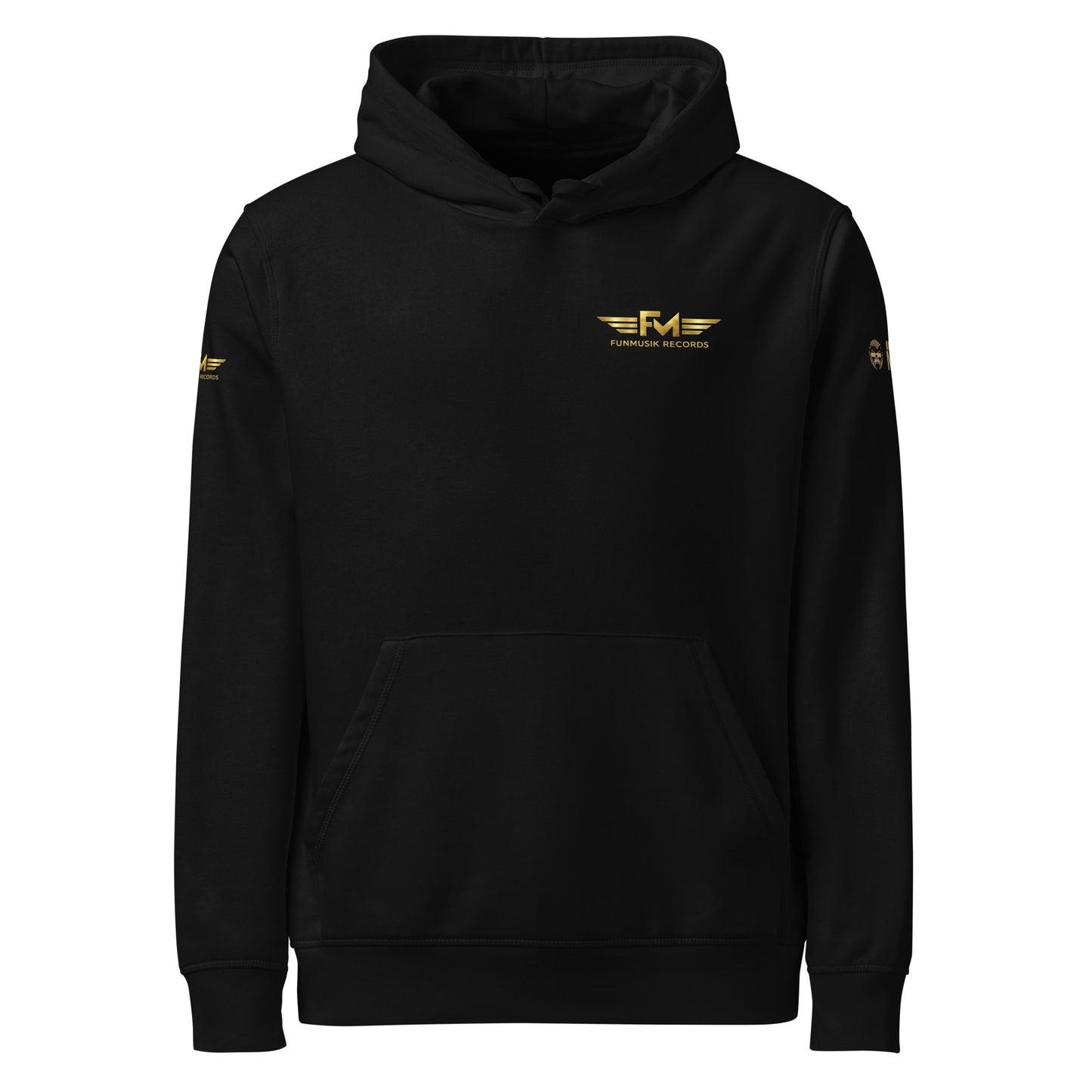 Unisex Bio-Hoodie von Sportswear Iron Monkey 23, nachhaltiger Midweight Hoodie in Schwarz, mit Musiker-Design vorne.