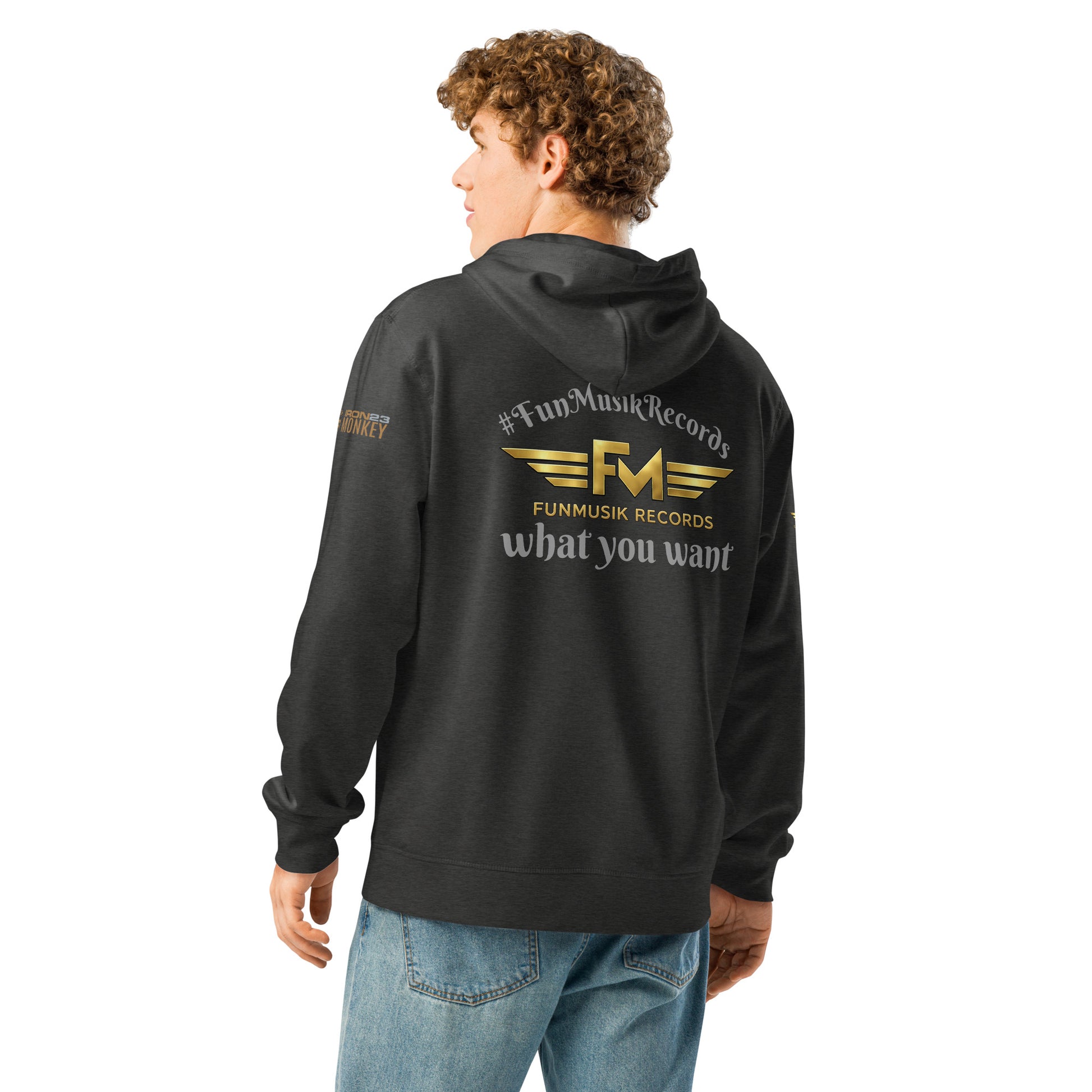 Unisex Bio-Hoodie von Sportswear Iron Monkey 23 in Dunkelgrau, nachhaltiger Midweight Hoodie, Rückansicht mit Drumermotiv.
