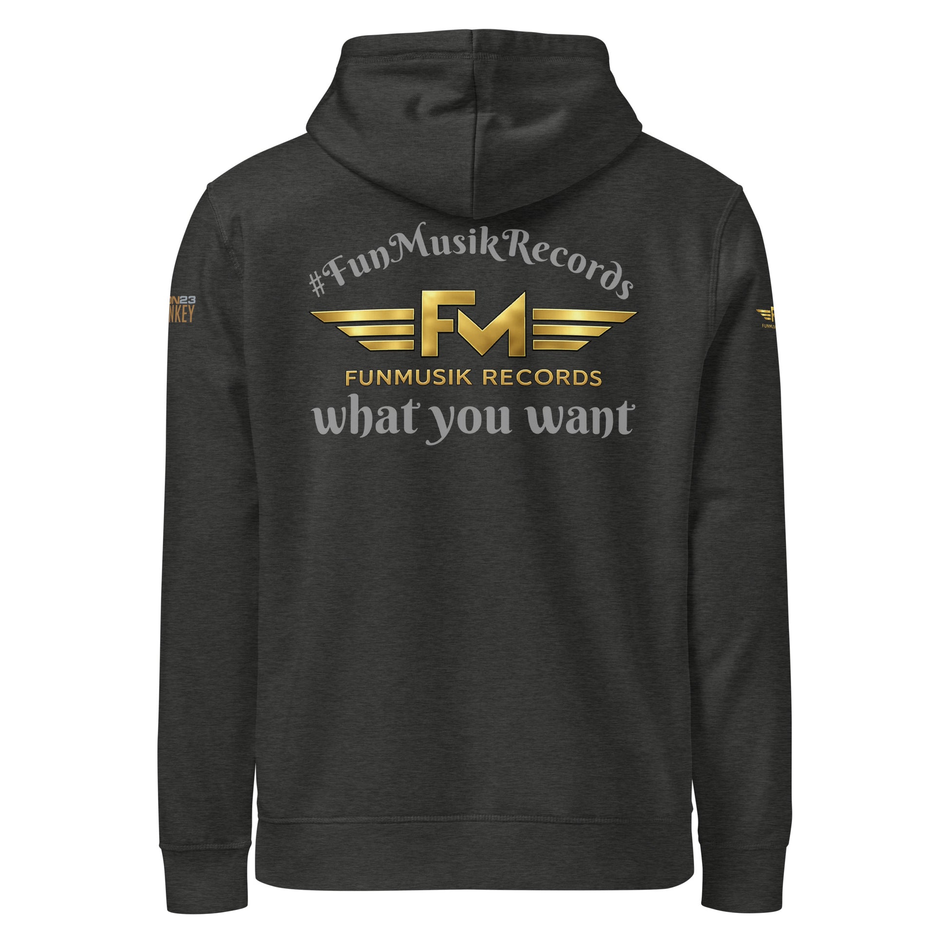 Unisex Bio-Hoodie von Sportswear Iron Monkey 23 in Dunkelgrau, Rückseite mit Drum-Motiv, nachhaltiger Midweight Hoodie.