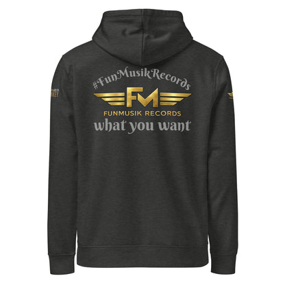 Unisex Bio-Hoodie von Sportswear Iron Monkey 23 in Dunkelgrau, Rückseite mit Drum-Motiv, nachhaltiger Midweight Hoodie.