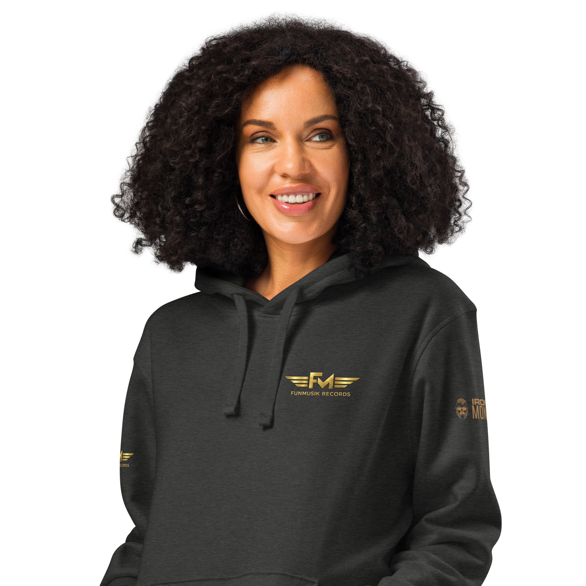 Unisex Bio-Hoodie von Sportswear Iron Monkey 23 in Dunkelgrau, nachhaltiger Midweight Hoodie mit Drommeln-Design, Vorderansicht