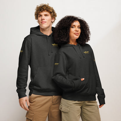 Unisex Bio-Hoodie von Sportswear Iron Monkey 23 in dunkelgrau, nachhaltiger Midweight Hoodie mit Drum-Design, Frontansicht
