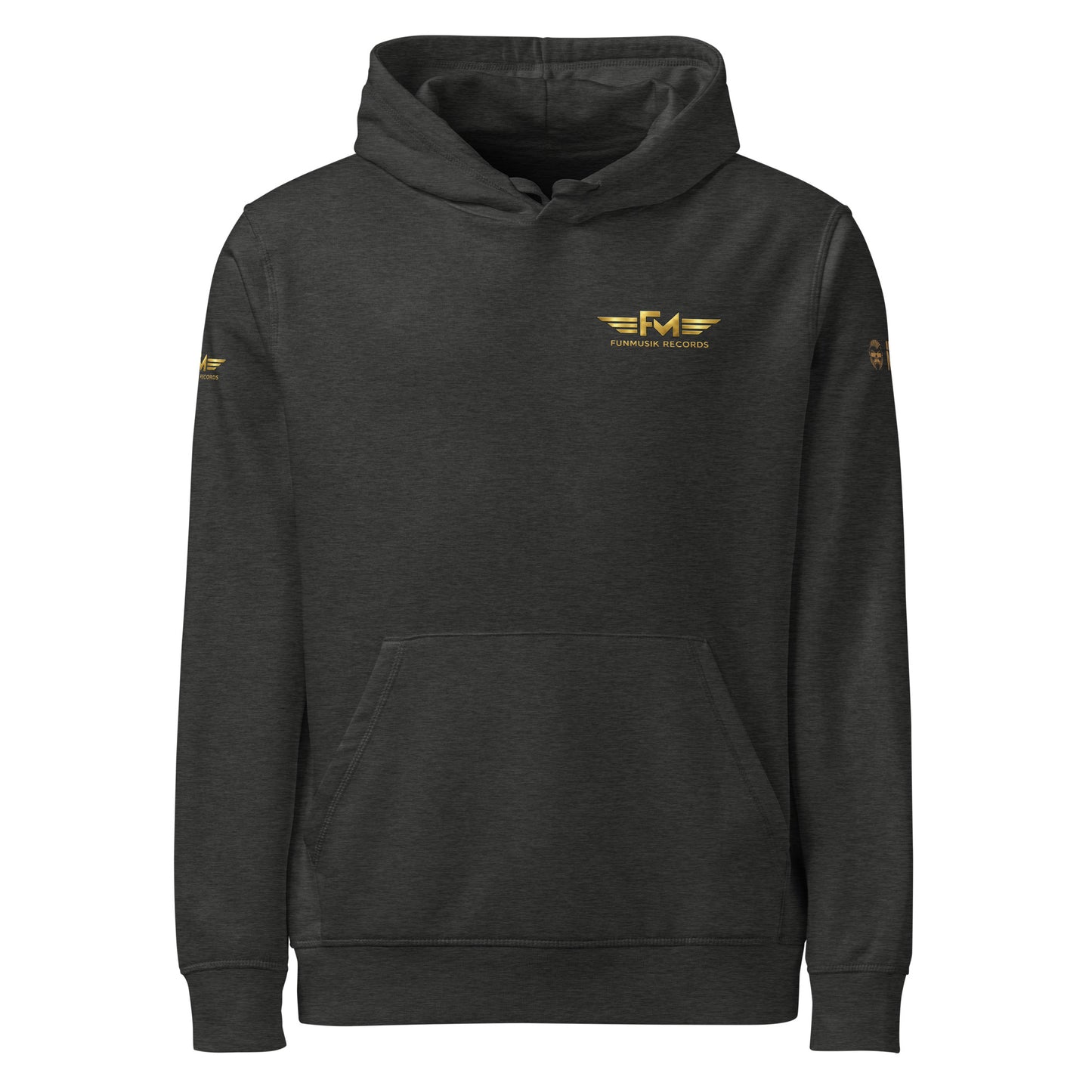 Unisex Bio-Hoodie von Sportswear Iron Monkey 23 in dunklem Grau, nachhaltiger Midweight Hoodie mit Drum-Design.