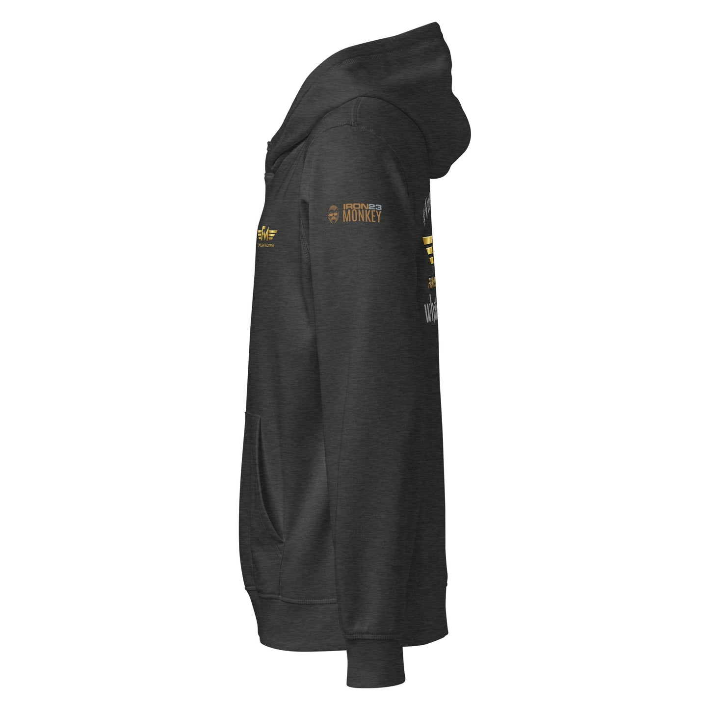 Unisex Bio-Hoodie von Sportswear Iron Monkey 23 in Dunkelgrau, nachhaltiger Midweight Hoodie mit Musiker-Design auf der linken Seite