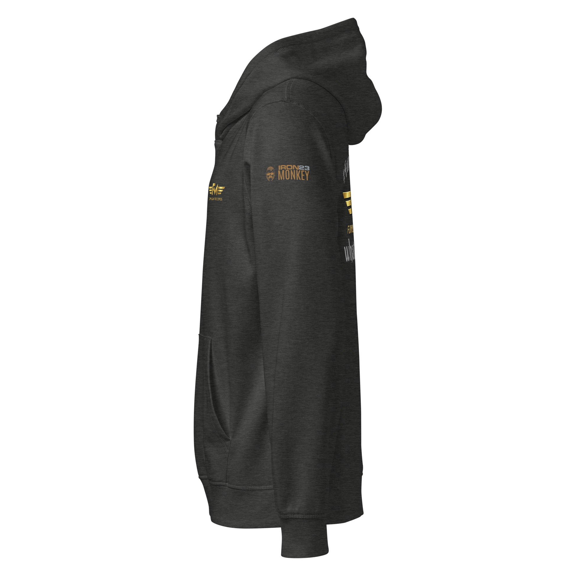 Unisex Bio-Hoodie von Sportswear Iron Monkey 23 in Dunkelgrau, nachhaltiger Midweight Hoodie mit Musiker-Design auf der linken Seite