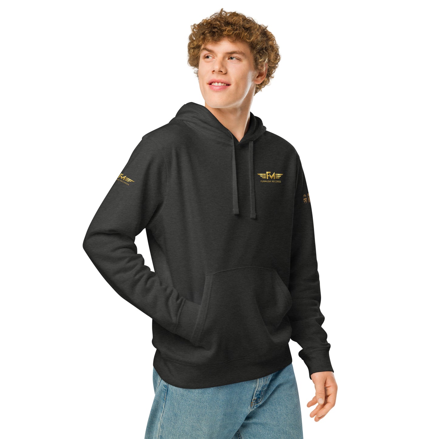 Unisex Bio-Hoodie von Sportswear Iron Monkey 23 in dunkles Grau, nachhaltiger Midweight Hoodie, rechter Vorderansicht, Drummer-Design