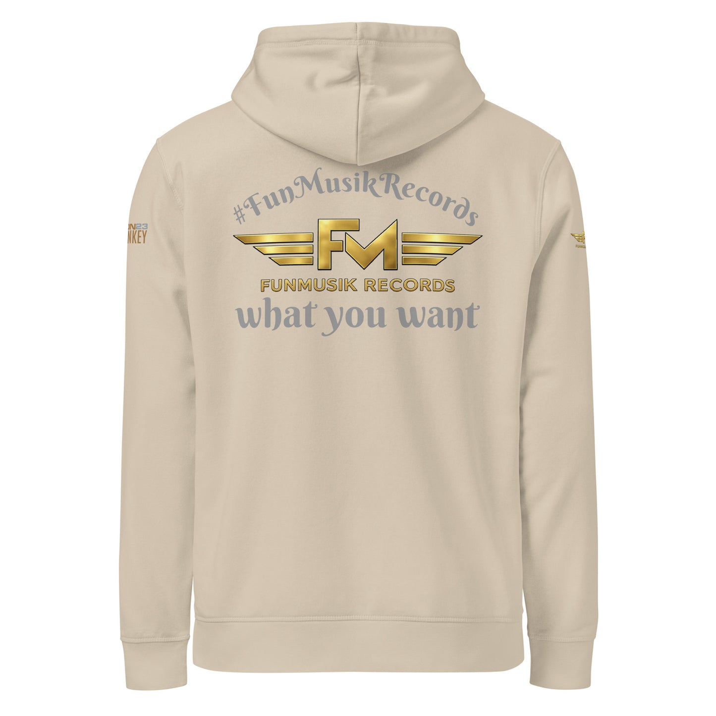 Unisex Bio-Hoodie von Sportswear Iron Monkey 23, nachhaltiger Midweight Hoodie mit Drumermotiv in Desert Dust, Rückenansicht.